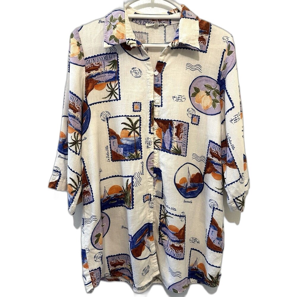 Label of Love La Dolce Vita Citrus Print Linen Rayon Top Shirt Tunic Medium